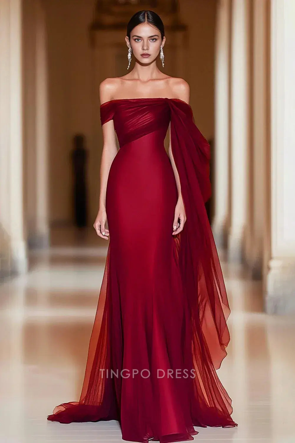 Elegant Mermaid Off-Shoulder Ruched Tulle Drape Mermaid Maxi Dress Prom Dress